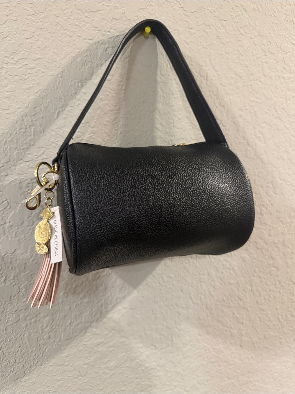 Black Mini Barrel Shoulder Bag with Tassel Charm